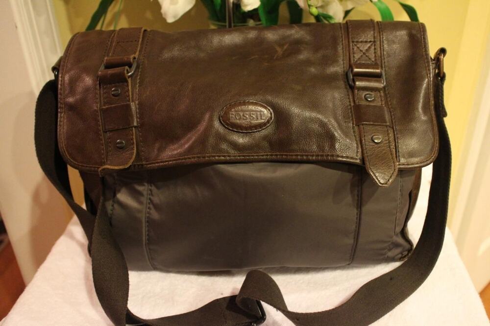 mens FOSSIL nylon leather double buckle soft briefcase (3000
